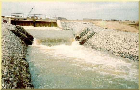 Gabion-lined spillway provides energy dissipation
