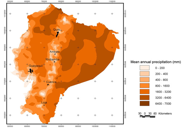 Mean annual precipitation isohyets for the Catacocha-Zamora transect