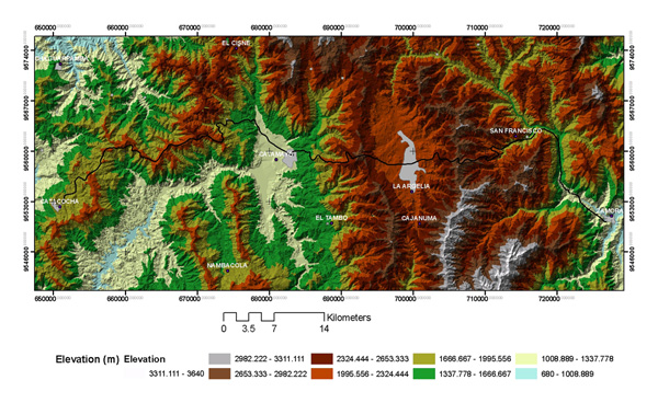 Topographic map comprising the Catacocha-Zamora transect 