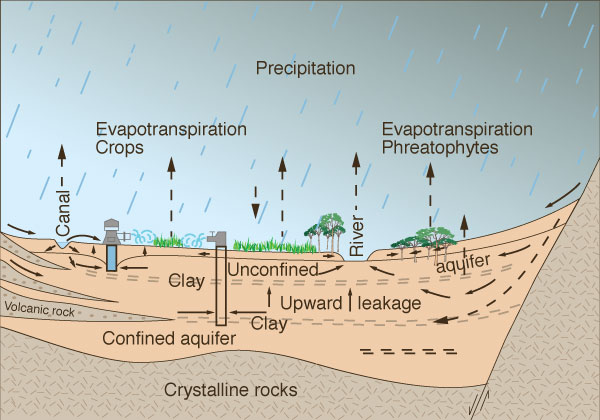 Groundwater flow through an unconfined acquifer, a confined aquifer,<br>and a poorly permeable clay layer separating them