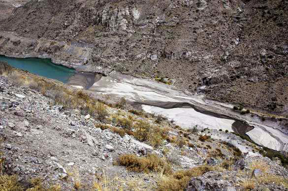 Sediment deposition at tail of Torata reservoir, Cuajone, Peru.