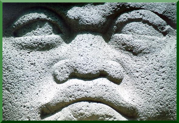 Closeup of Olmeca statue at Parque La Venta, Villahermosa, Tabasco, Mexico, 500 B.C.