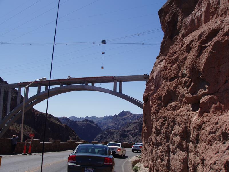 Completed section of bridge being built on top of Hoover Dam