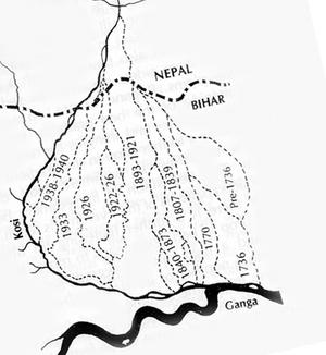 Kosi river's shifting courses through the past two centuries.