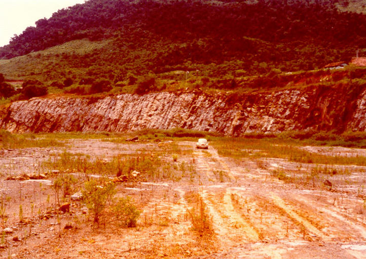 Overflow spillway for Barragem Norte (Norte Dam), Itajai river, Santa Catarina, Brazil January 1983. Note VW bug in the center.