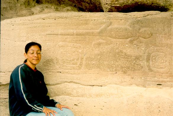 Julieta at petroglyph  at Huamelulpam.