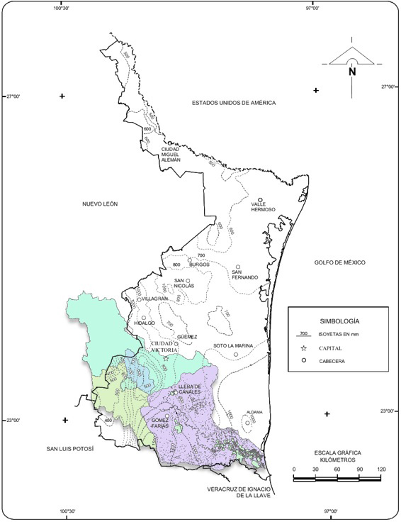 Isoyetas anuales del estado de Tamaulipas, comprendiendo 
la cuenca del río Tamesí..