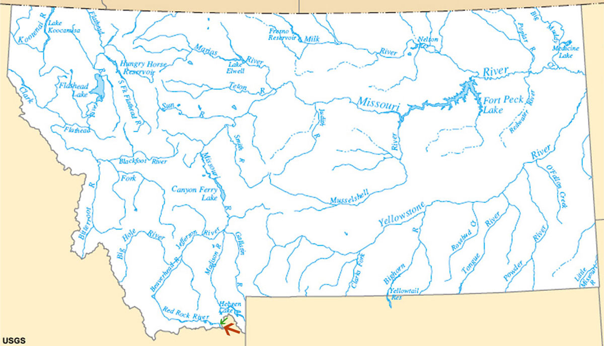 Rivers of the state of Montana, with the red arrow pinpointing the source of the Missouri River (U.S. Geological Survey)