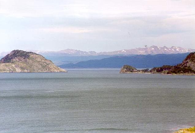 The Beagle channel, named after Darwin's famous voyage,
between the South American mainland and Tierra del Fuego.