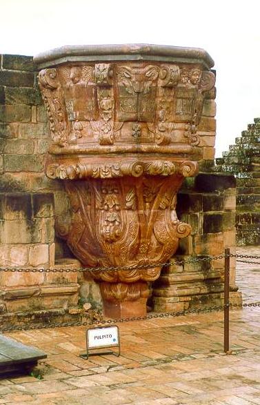 A sculptured pulpit within the remains of the Jesuit mission of Trinidad, in eastern Paraguay.