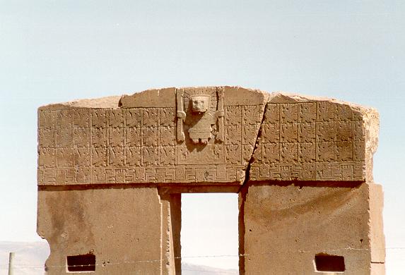 Detail of the Gate of the Sun (Puerta del Sol), Tiwanaku, in the Bolivian Altiplano.