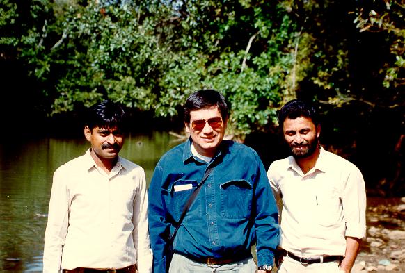 Mr. Mishra, Dr. Ponce, and Mr. Shetty during field work in the Malaprabha river basin, Karnataka, India (January 1992).