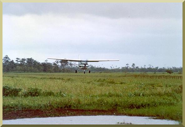 Cessna plane landing on grassed runway near Macapa, Amapa, Brazil, on January 22, 1989.