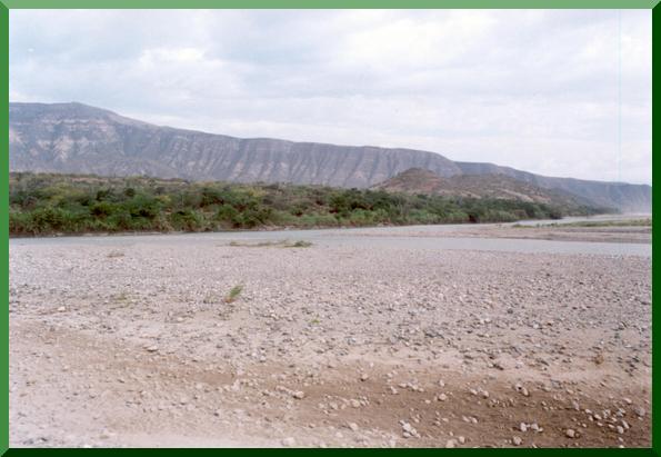 Confluence of the Rio Chamaya (foreground) with the Rio Maraon, Cajamarca, Peru. 