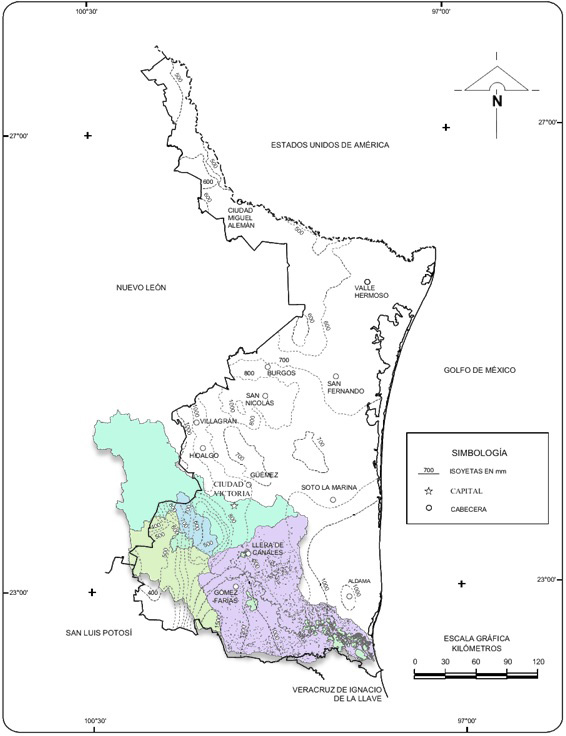 Isoyetas anuales del estado de Tamaulipas, comprendiendo 
la cuenca del rio