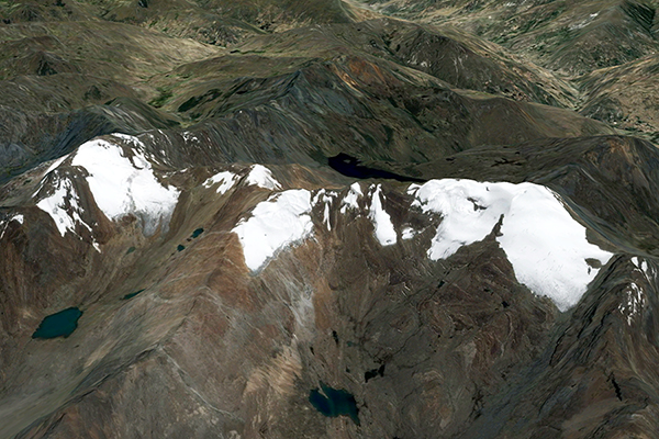Aerial perspective
 of the Yanamarey glacier, White Range, Peru.