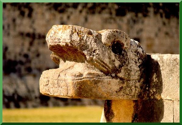 Efigy of the serpent at ball court at Chichen Itza, Yucatan, Mexico.